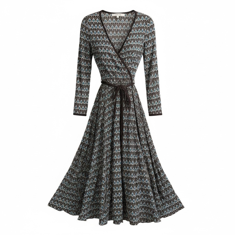 Studio M Brown and Blue Long Sleeve Wrap Dress